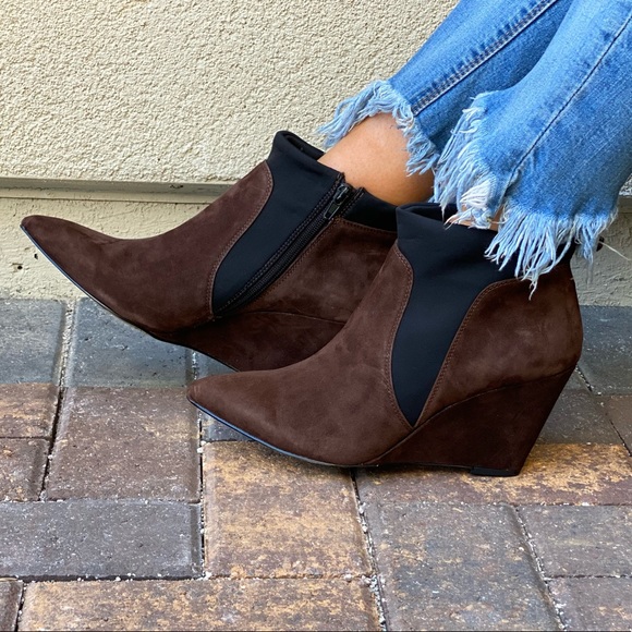 Brown Genuine Suede Chelsea Pointy Toe Wedge Boots - Picture 2 of 9